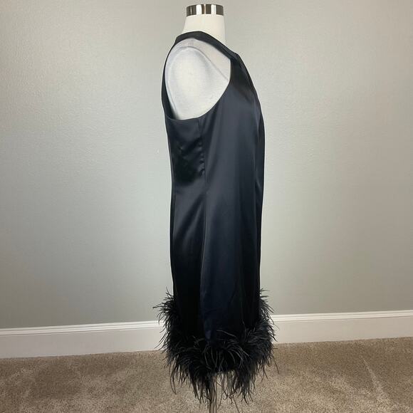Eliza J Black Satin Feather Trimmed Sleeveless Mini Shift Cocktail Dress Size 10 - Picture 5 of 12
